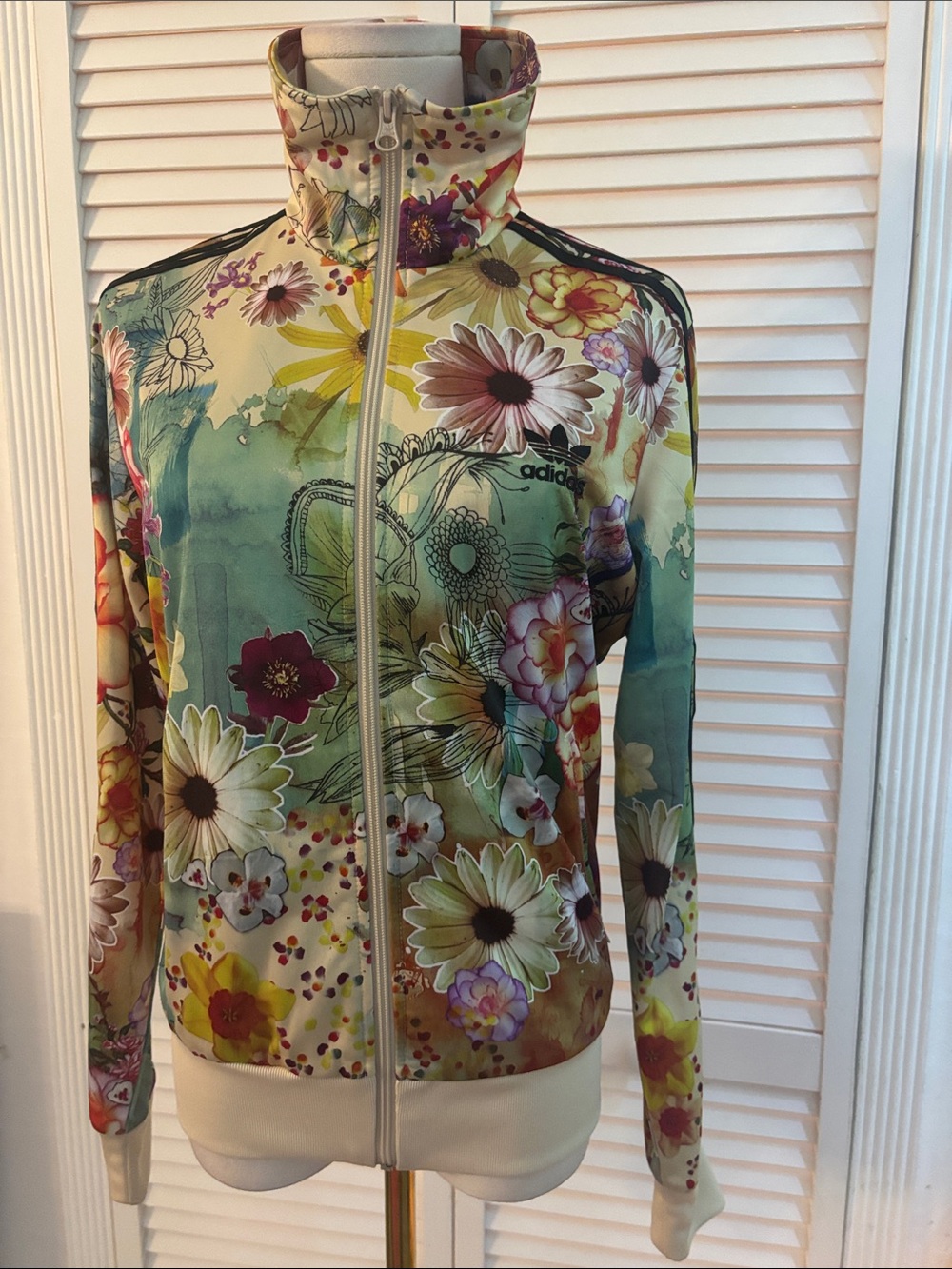 adidas x Farm Rio Floral Bomber Jacket in Cream with Black Stripes, M